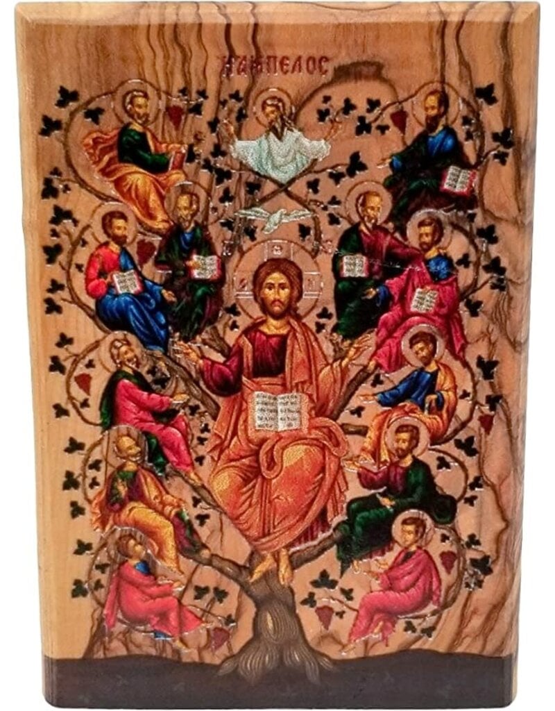 Logos Trading Post Holy Land Olive Wood Full Color Icon from Israel, Jesus and The 12 Apostles, Handmade Wooden Standing Icon Plaque