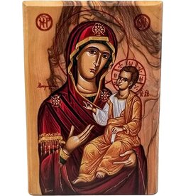Logos Trading Post Holy Land Olive Wood Full Color Icon from Israel, Virgin Mary of Jerusalem, Handmade Wooden Standing Icon Plaque