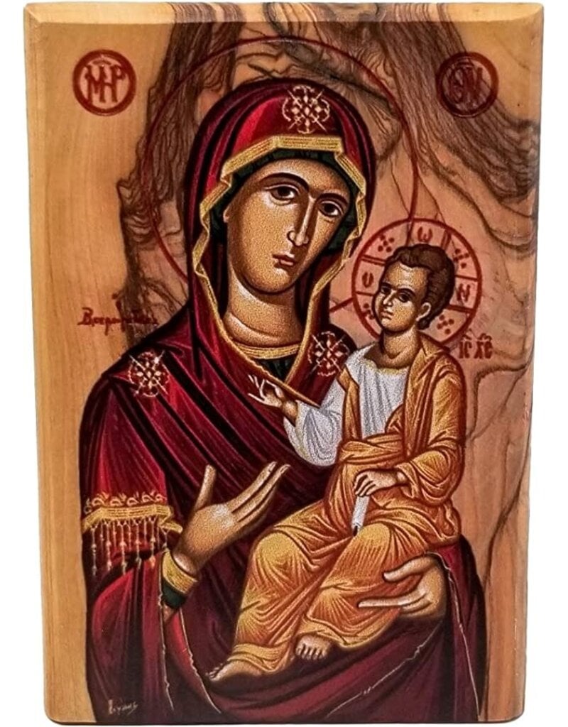Logos Trading Post Holy Land Olive Wood Full Color Icon from Israel, Virgin Mary of Jerusalem, Handmade Wooden Standing Icon Plaque