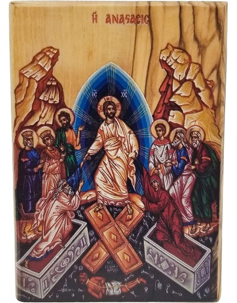 Logos Trading Post Holy Land Olive Wood Full Color Icon from Israel, The Triumphant Resurrection of Jesus, Handmade Wooden Standing Icon Plaque