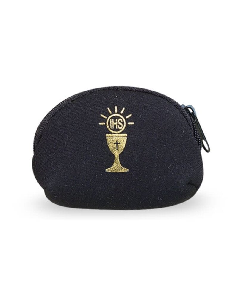 WJ Hirten 2" x 3" Soft Black Communion Neoprene Rosary Case Stamped with Gold Communion Symbo