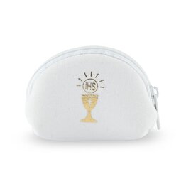 WJ Hirten 2" x 3" Soft White Communion Neoprene Rosary Case Stamped with Gold Communion Symbol