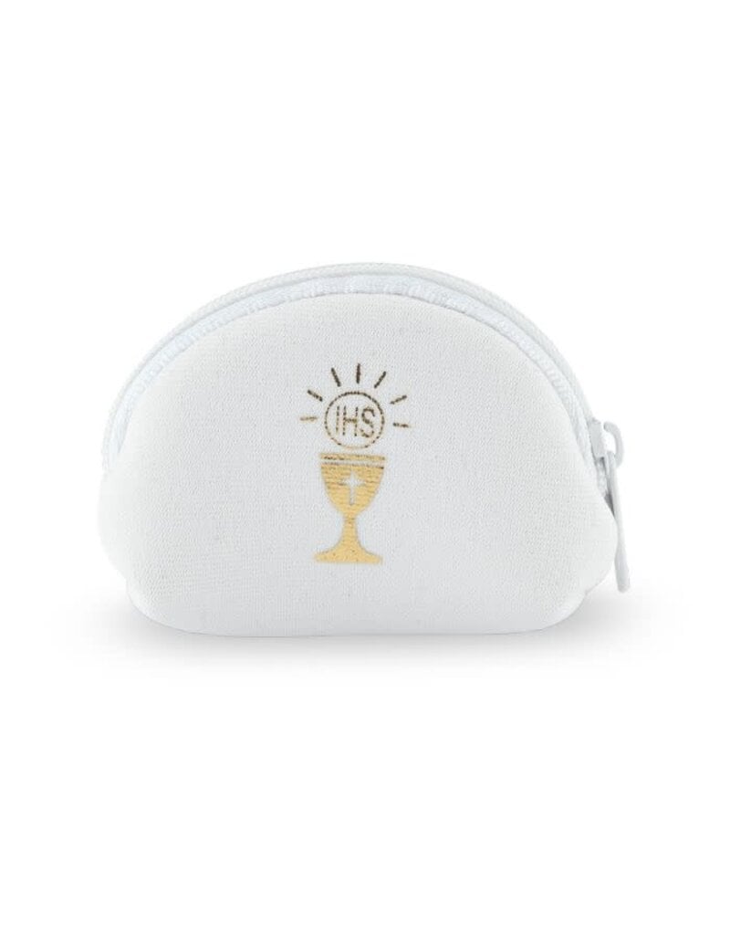 WJ Hirten 2" x 3" Soft White Communion Neoprene Rosary Case Stamped with Gold Communion Symbol