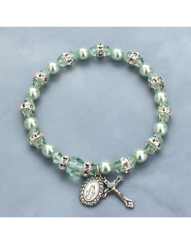 Devon Trading Company Green pearls and Bohemian rondelles stretch rosary bracelet