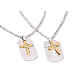 Holy Land Gifts Necklace-Gold-Tone Cross & Sterling Siver Star Of David Dog Tag-Stainless Steel