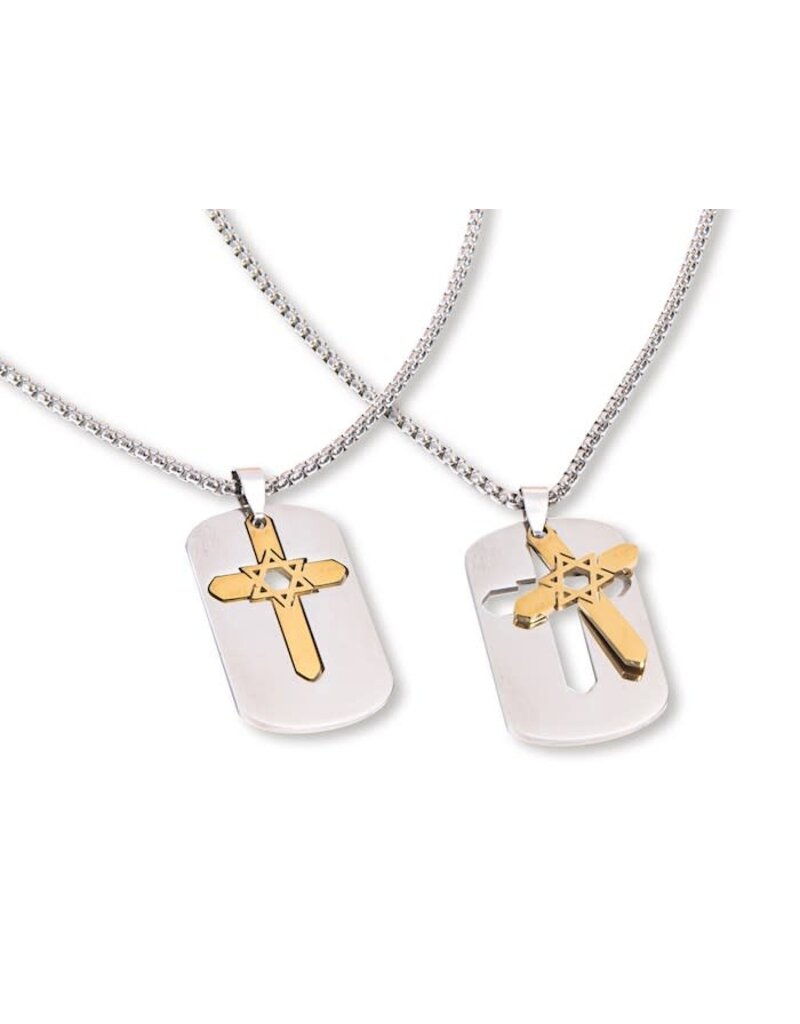 Holy Land Gifts Necklace-Gold-Tone Cross & Sterling Siver Star Of David Dog Tag-Stainless Steel