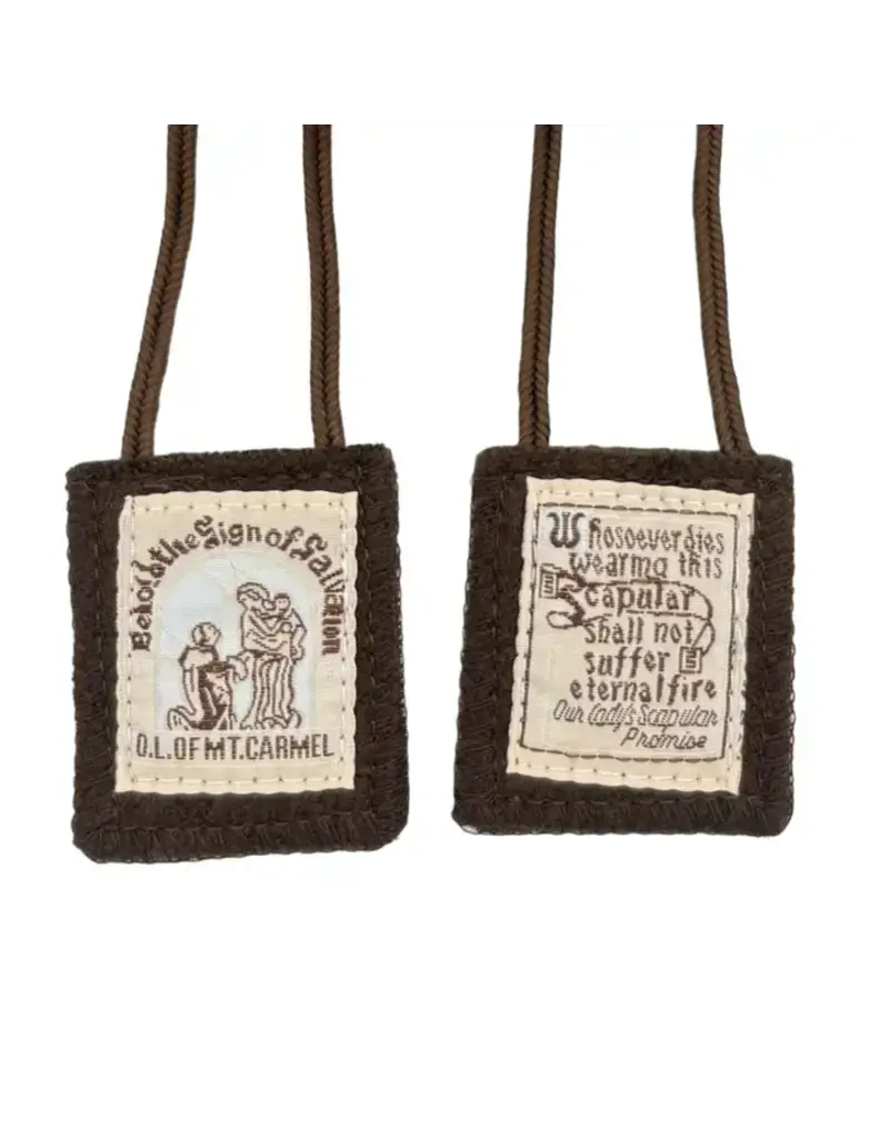 Oremus Mercy 2" Woven Brown Scapular - Behold the Salvation with St. Simon Stock