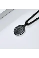 None Stainless Steel St. Michael Oval Shape Pendant - Black