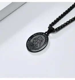 None Stainless Steel St. Michael Oval Shape Pendant - Black