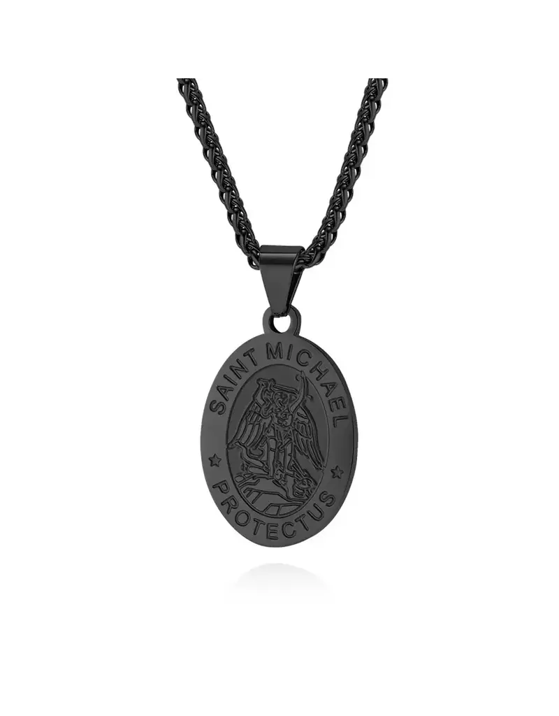 None Stainless Steel St. Michael Oval Shape Pendant - Black
