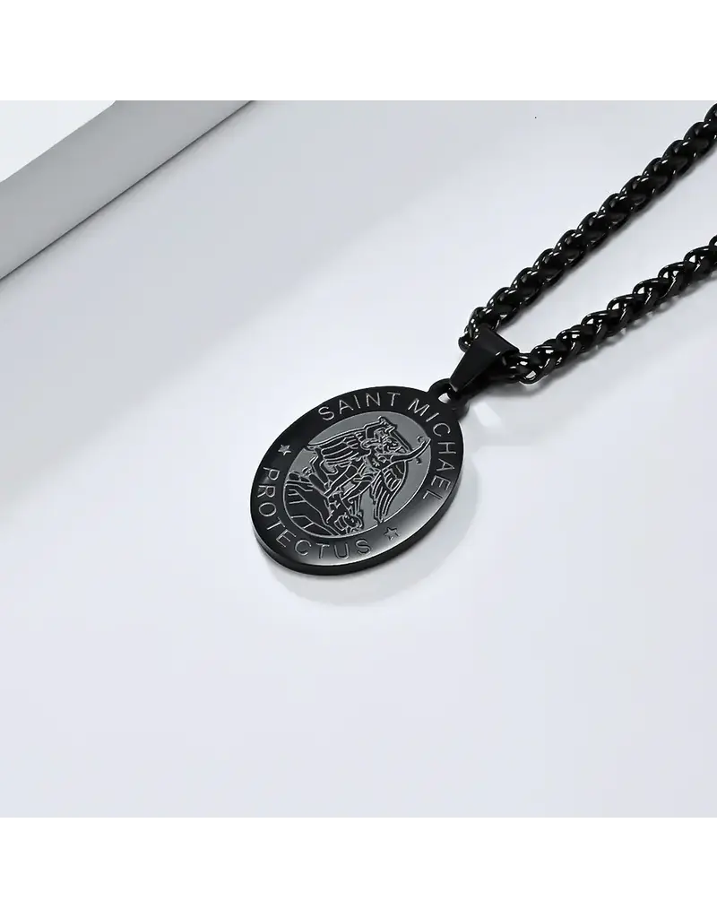 None Stainless Steel St. Michael Oval Shape Pendant - Black