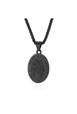None Stainless Steel St. Michael Oval Shape Pendant - Black