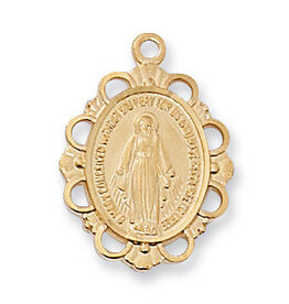 McVan Gold Over Sterling Silver Ornate Edging Miraculous Medal with 18" Gold Plated Chain and Deluxe Gift Box