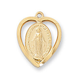 McVan Gold Over Sterling Silver Heart Miraculous Medal with 18" Rhodium Plated Chain and Deluxe Gift Box