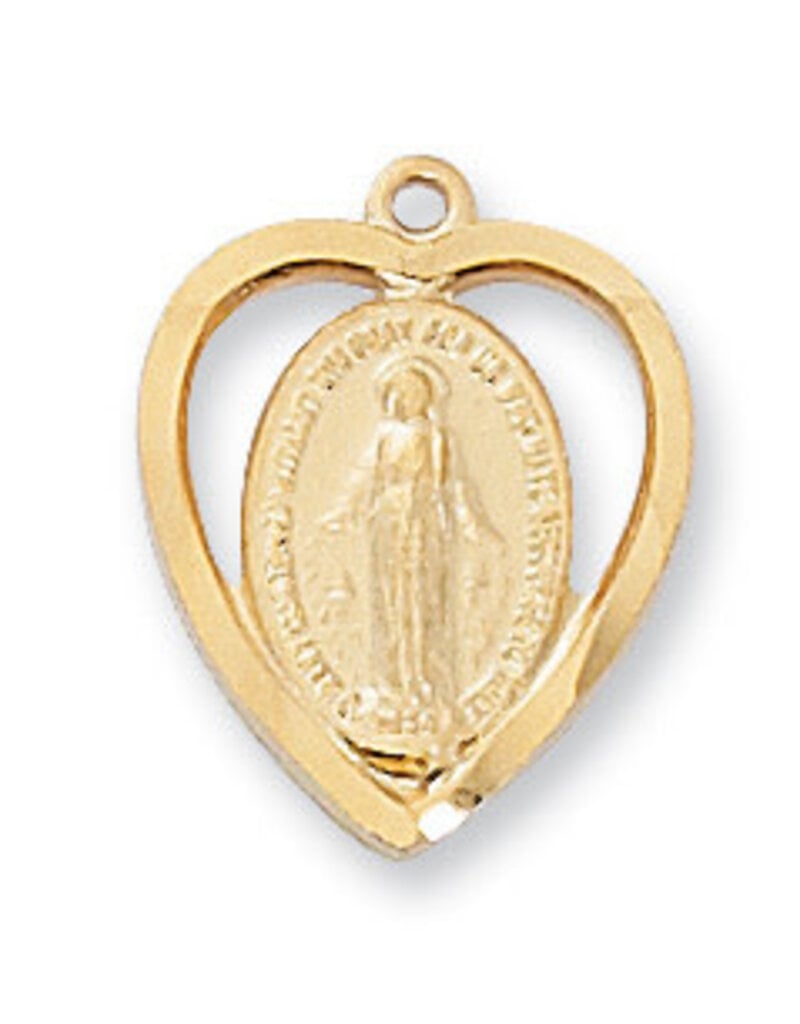 McVan Gold Over Sterling Silver Heart Miraculous Medal with 18" Rhodium Plated Chain and Deluxe Gift Box