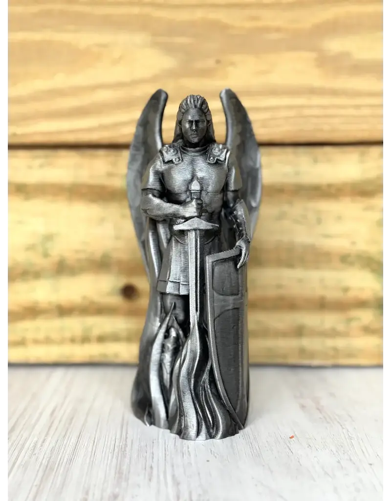 Be Still Prayer Space 3D Printed 4" St. Michael and Shield Statue - Pewter | Be Still Prayer Space
