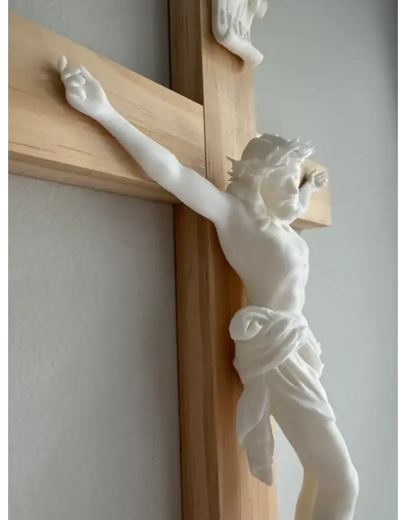 Be Still Prayer Space 3D Printed White Corpus on Wood Cross, 15.5" x 5"  | Be Still Prayer Space