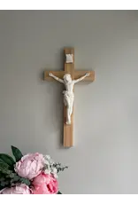Be Still Prayer Space 3D Printed White Corpus on Wood Cross, 15.5" x 5"  | Be Still Prayer Space