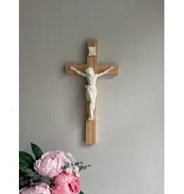 Be Still Prayer Space 3D Printed White Corpus on Wood Cross, 15.5" x 5"  Crucifix | Be Still Prayer Space