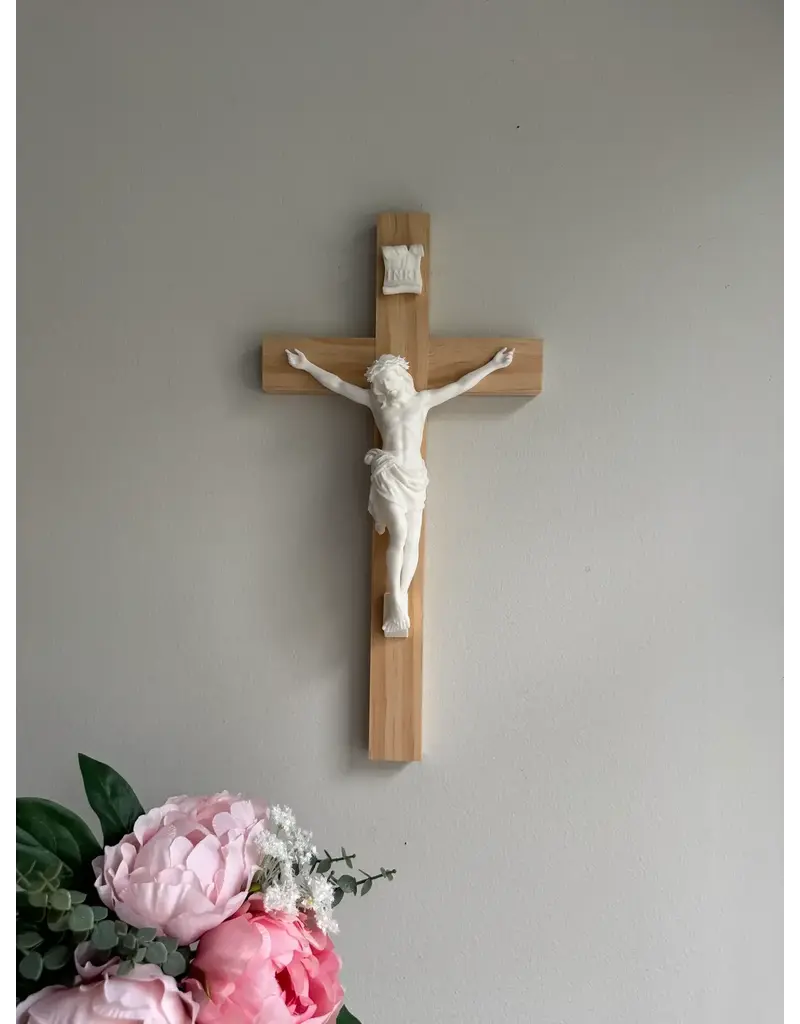 Be Still Prayer Space 3D Printed White Corpus on Wood Cross, 15.5" x 5"  | Be Still Prayer Space