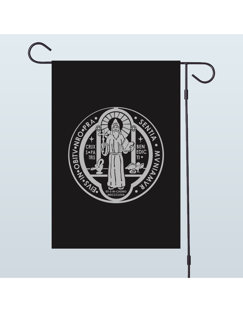 St. Benedict Medal Garden Flag – Double Sided with IHS, black and silver