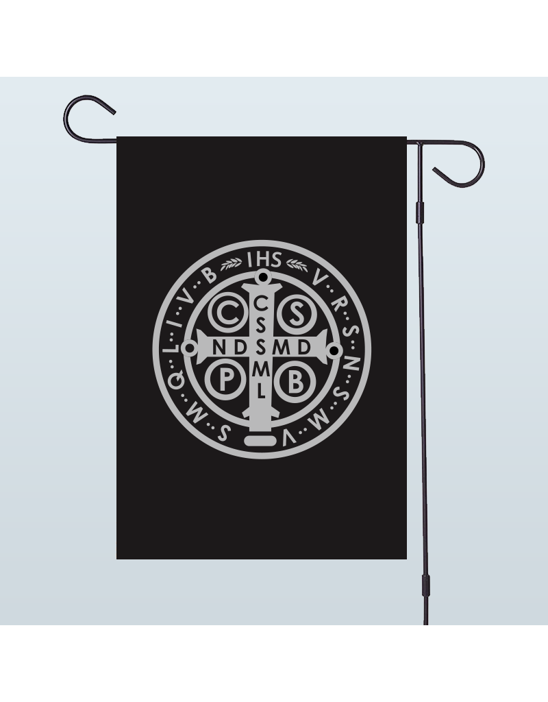 St. Benedict Medal Garden Flag – Double Sided with IHS, black and silver