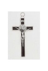 Lumen Mundi 4.5" Saint Benedict Brown Enamel Wall Cross - Silver Tone Medal