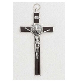 Lumen Mundi 4.5" Saint Benedict Brown Enamel Wall Cross - Silver Tone Medal