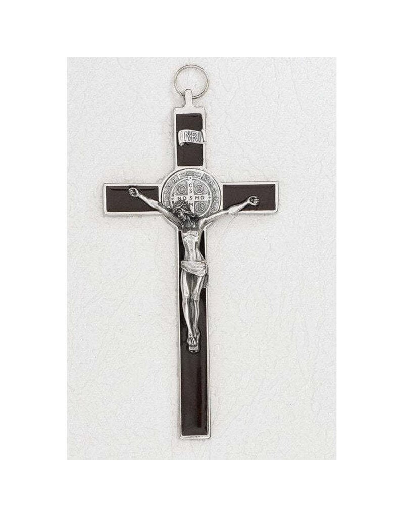 Lumen Mundi 4.5" Saint Benedict Brown Enamel Wall Cross - Silver Tone Medal