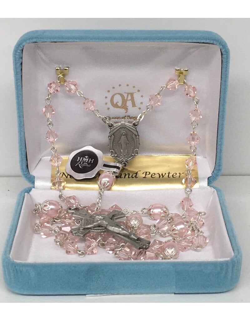HMH Religious Czech Crystal Pink Pewter Rosary with Capped Beads