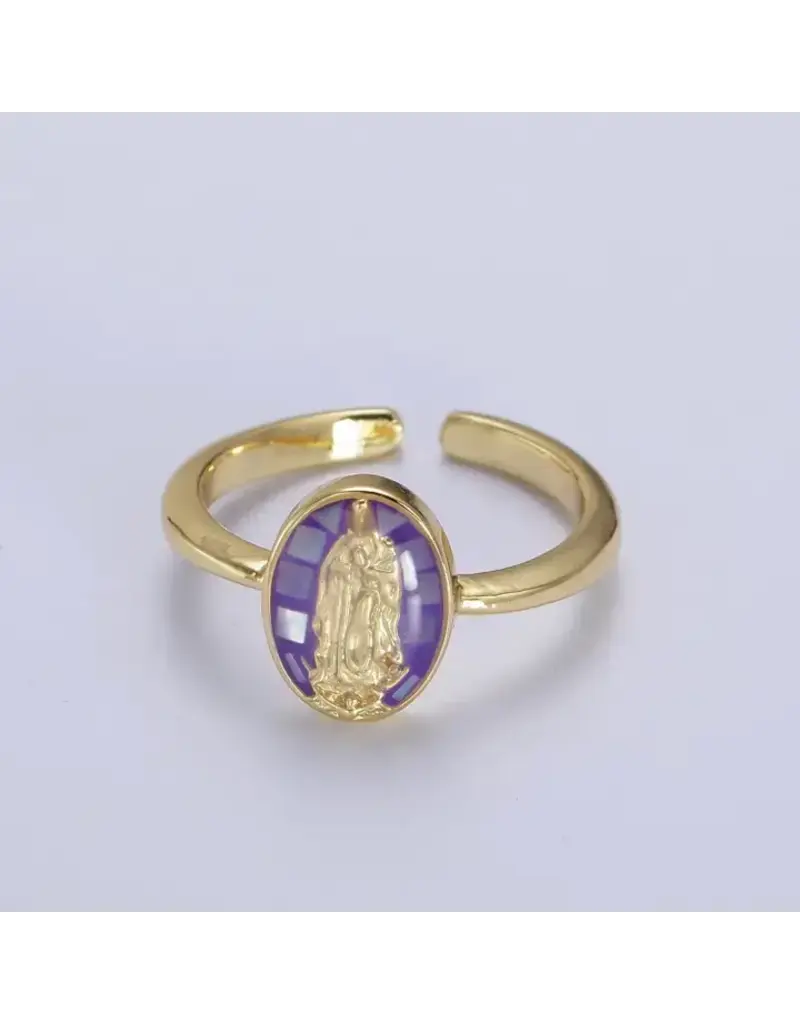 Aim Eternal Gold Filled Oval Virgin Mother Mary Shell Opal Ring in Gold | Gold & Purple