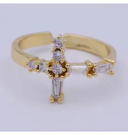 Aim Eternal Gold Filled Religious Catholic Christian Cross Open, Adjustable Ring with Crystal Zirconia Cz in 14K Gold