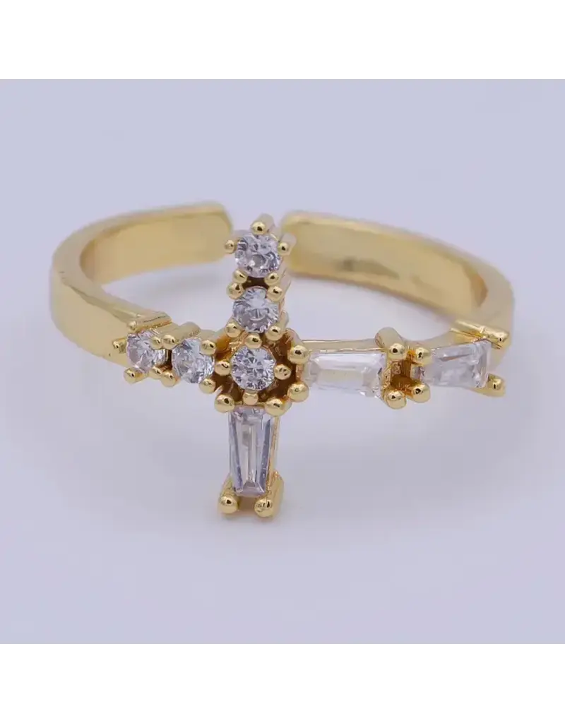 Aim Eternal Gold Filled Religious Catholic Christian Cross Open, Adjustable Ring with Crystal Zirconia Cz in 14K Gold