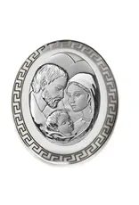 4.5x3.75" Oval Holy Family Icon in Silver with Porcelain Back on Wood Support Foot