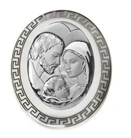 4.5x3.75" Oval Holy Family Icon in Silver with Porcelain Back on Wood Support Foot