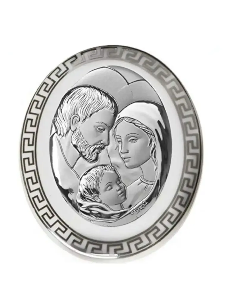 4.5x3.75" Oval Holy Family Icon in Silver with Porcelain Back on Wood Support Foot