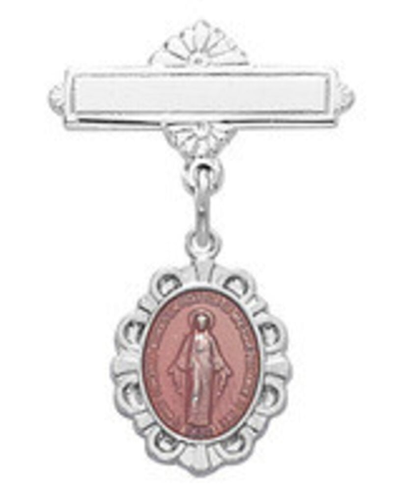 McVan Pink Enameled Sterling Silver Miraculous Medal Baby Pin