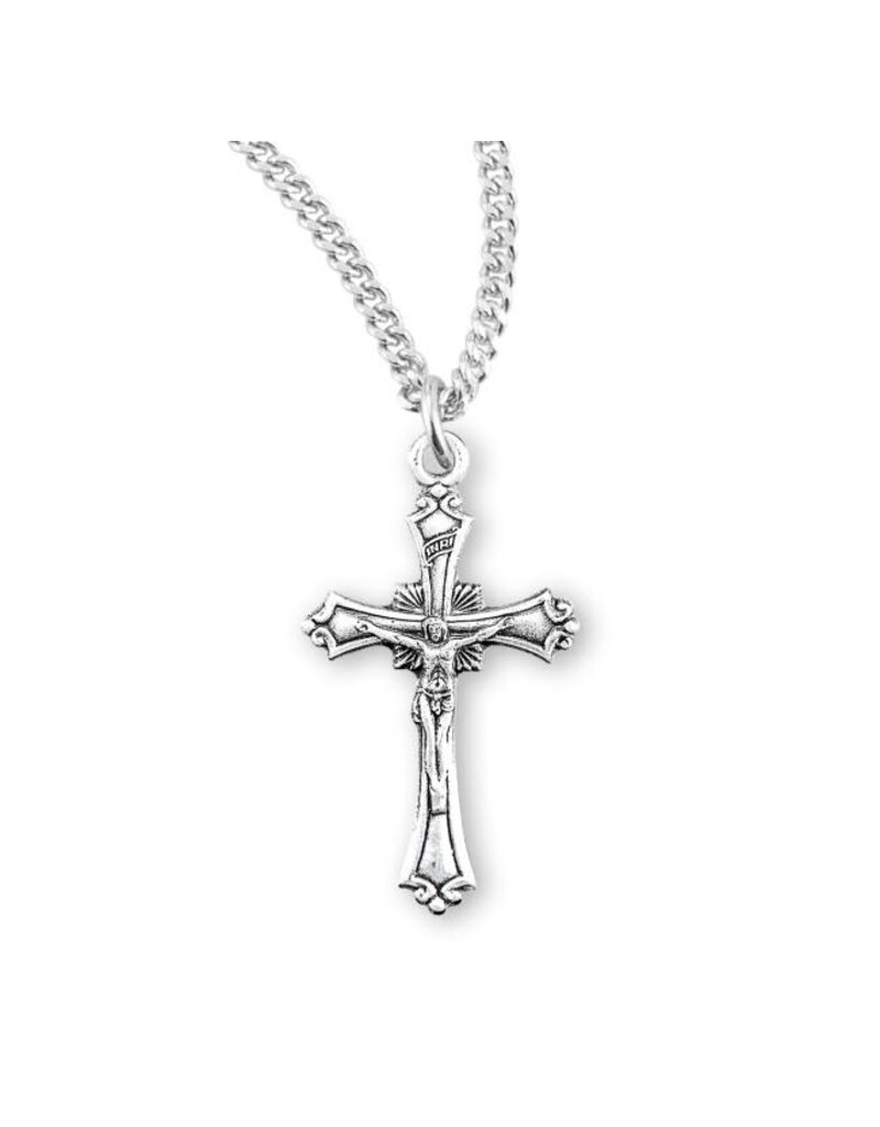 HMH Religious Sterling Silver Crucifix Pendant with Scrolled Borders and Ray Burst 18" Chain