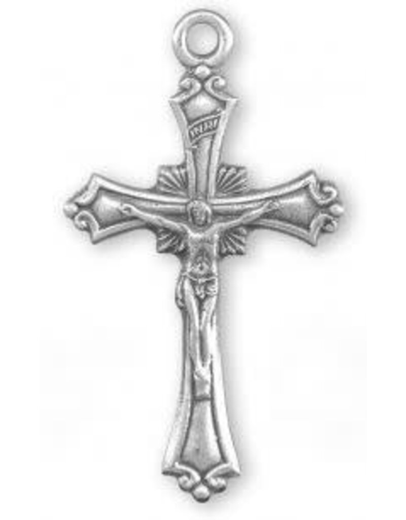 HMH Religious Sterling Silver Crucifix Pendant with Scrolled Borders and Ray Burst 18" Chain