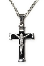 HJ Sherman Stainless Steel Black and Silver Crucifix Pendant on 24" Infinity Chain