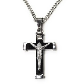 HJ Sherman Stainless Steel Black and Silver Crucifix Pendant on 24" Infinity Chain