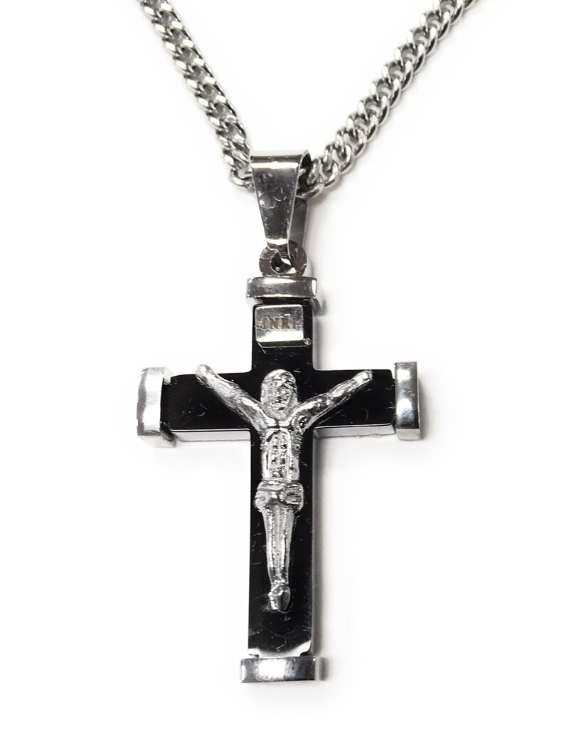 HJ Sherman Stainless Steel Black and Silver Crucifix Pendant on 24" Infinity Chain