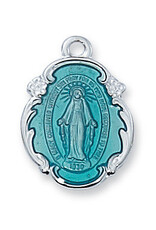 McVan Sterling Silver Blue Miraculous Medal with 18" Rhodium Plated Chain and Deluxe Gift Box