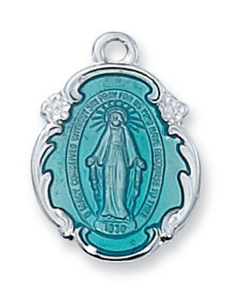 McVan Sterling Silver Blue Miraculous Medal with 18" Rhodium Plated Chain and Deluxe Gift Box
