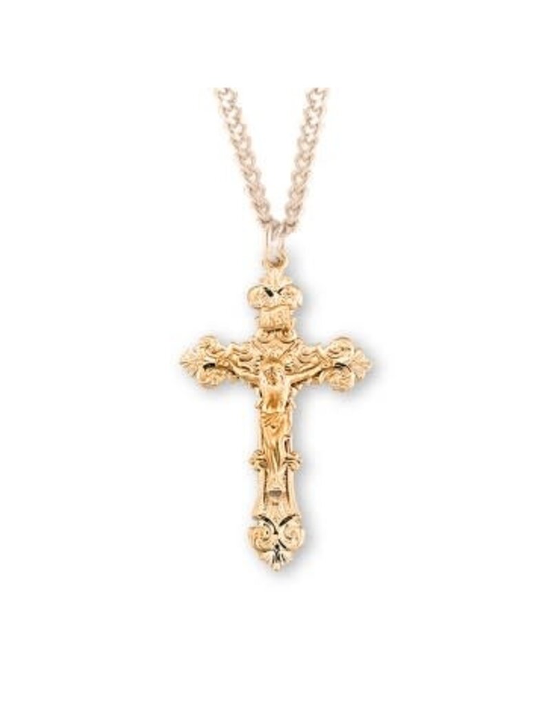 HMH Religious Gold Over Sterling Silver Filigree Scroll Relief Design Crucifix