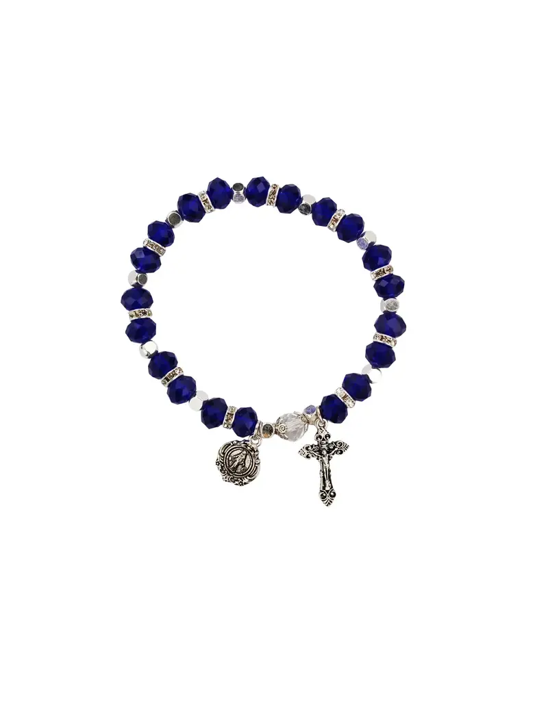 McVan Dark Blue Stretch Rosary Bracelet With Miraculous Medal and Crucifix
