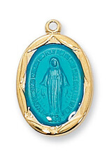 McVan Gold over Sterling Silver Blue Miraculous Medal with 18" Gold Plated Chain and Deluxe Gift Box