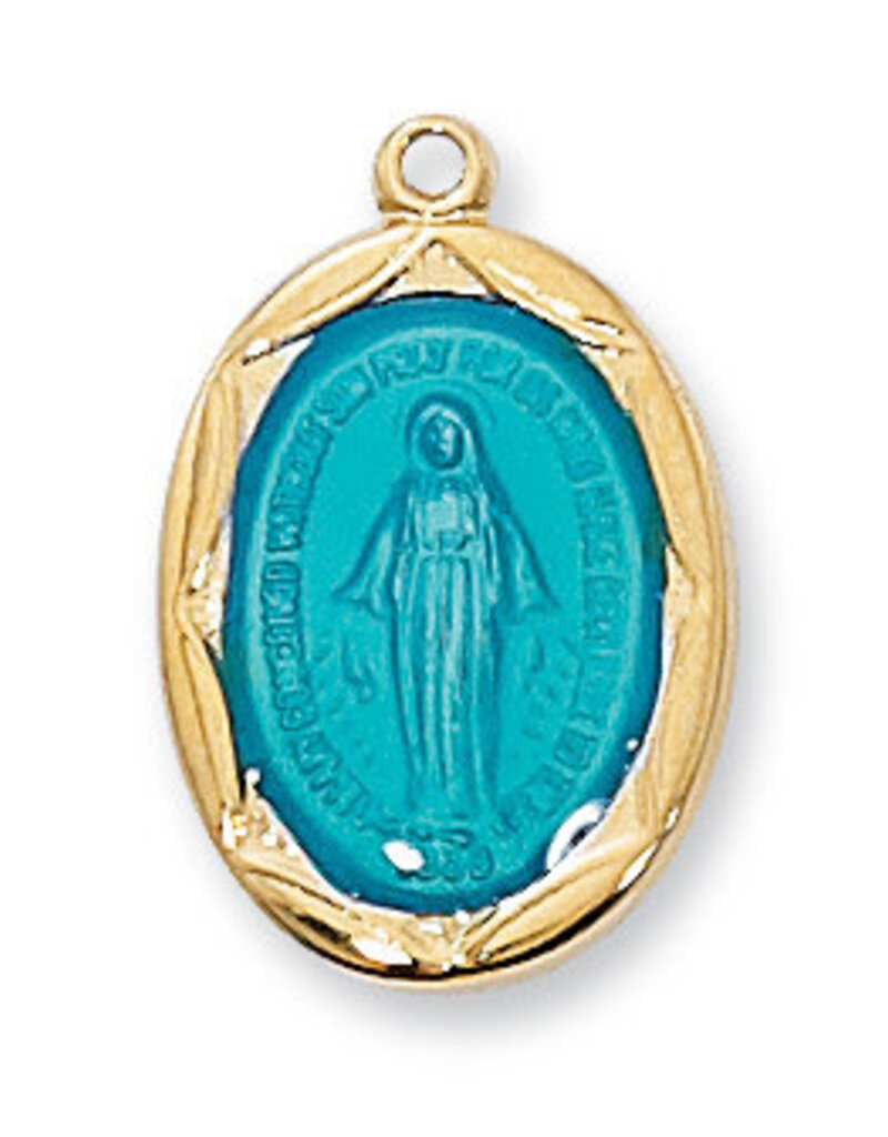 McVan Gold over Sterling Silver Blue Miraculous Medal with 18" Gold Plated Chain and Deluxe Gift Box
