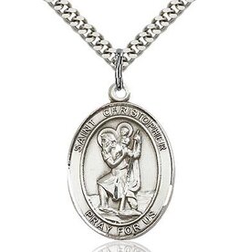 Bliss Manufacturing Sterling Silver St. Christopher Pendant on a 24 inch Stainless Silver Heavy Curb Chain