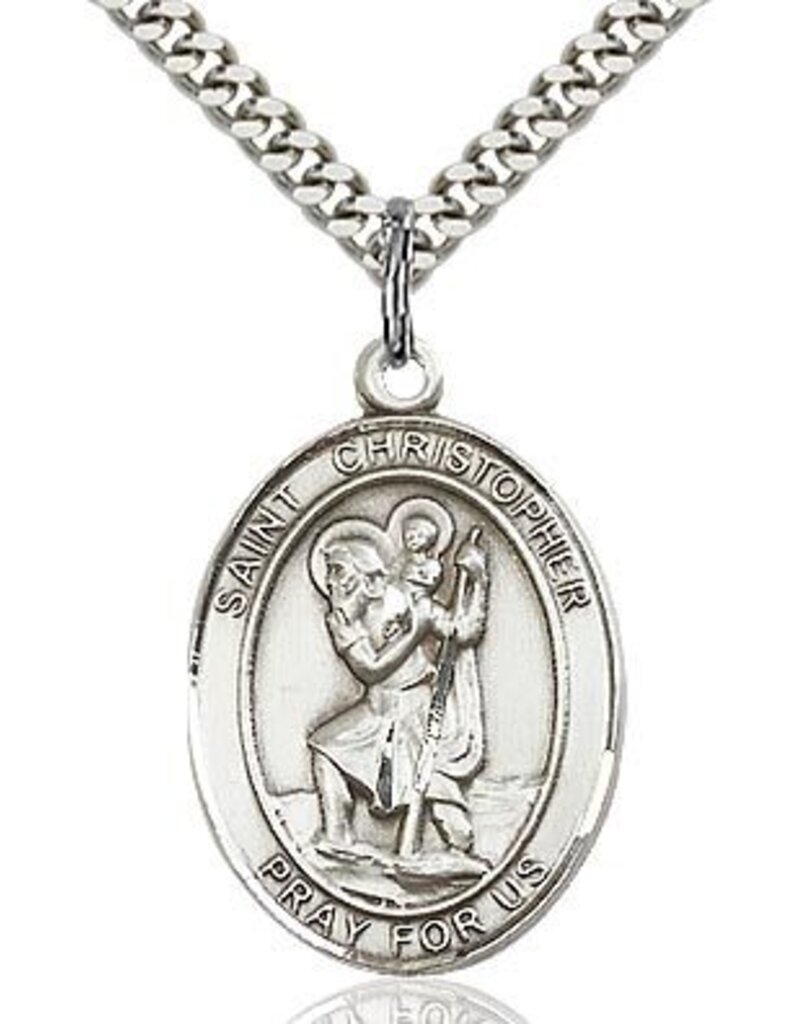 Bliss Manufacturing Sterling Silver St. Christopher Pendant on a 24 inch Stainless Silver Heavy Curb Chain